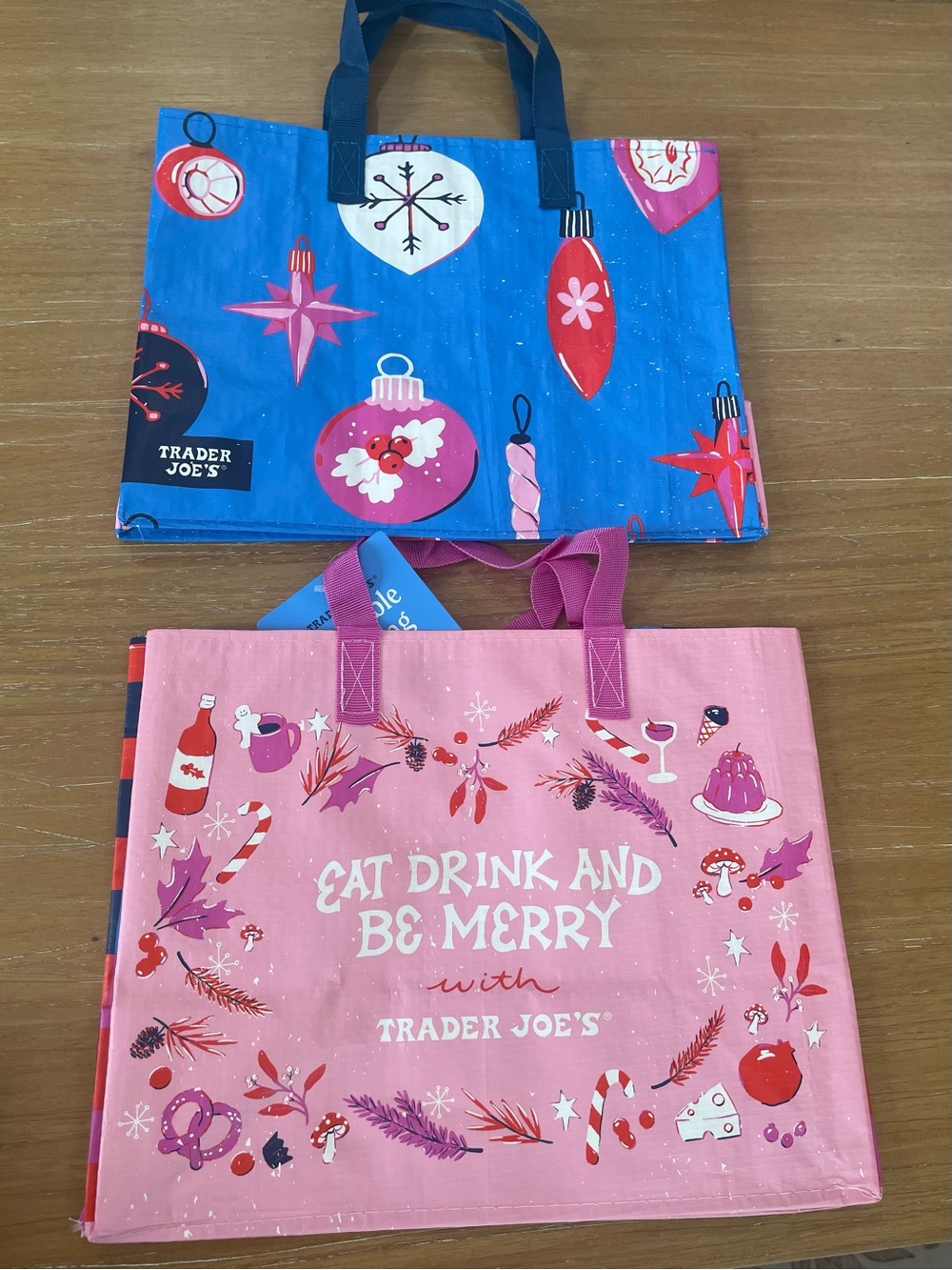 Trader Joe's Holiday Tote Bag Set - Blue & Pink NWT